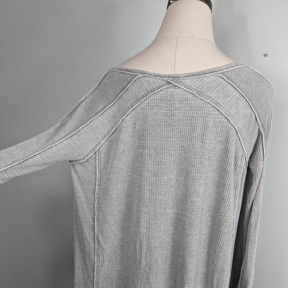 Free People Waffle Knit Top S Green Gray Thermal Long Sleeve Oversize Boho Tee - Picture 4 of 10